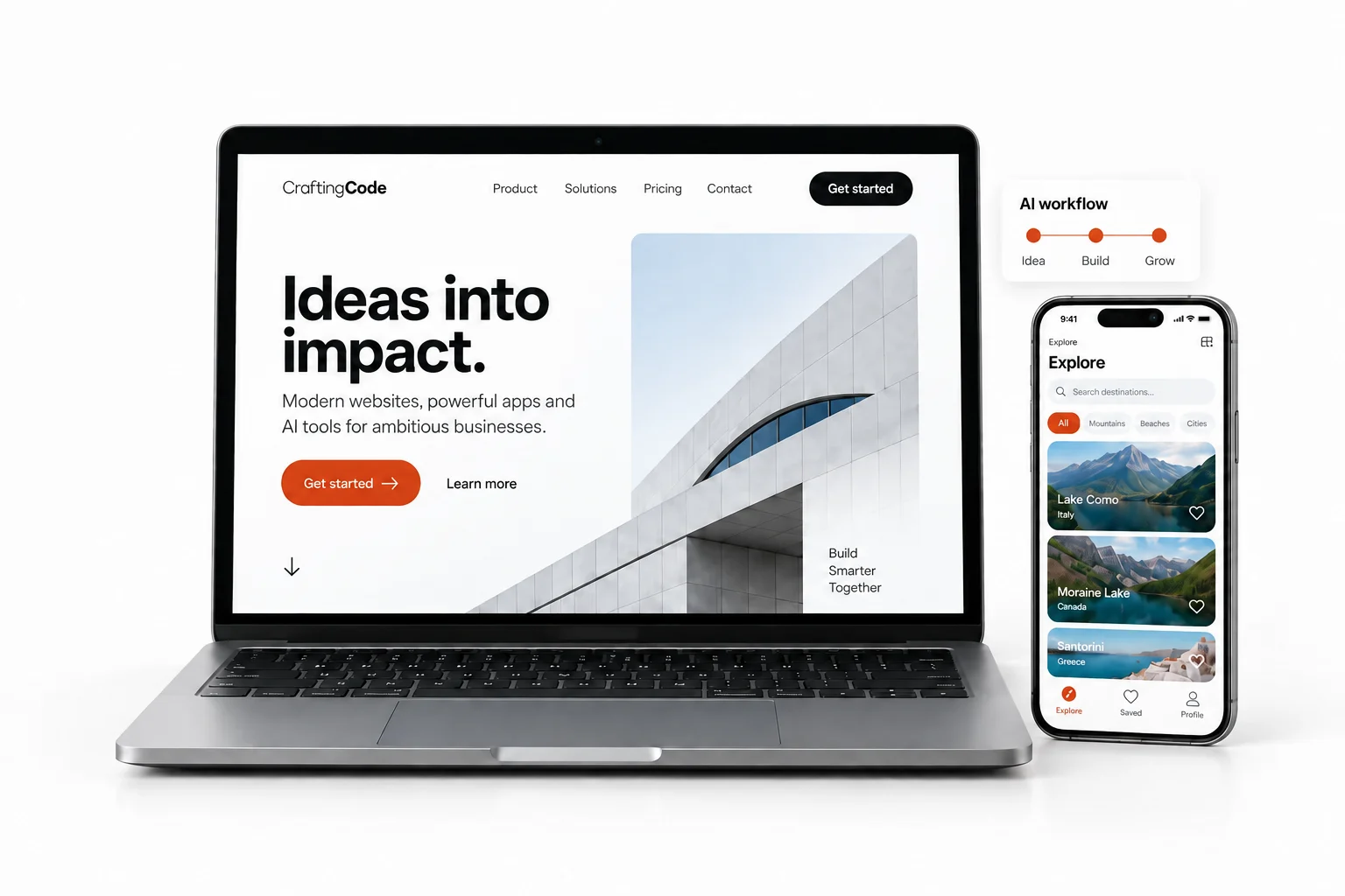Illustrative website, mobile travel app, and AI workflow on realistically proportioned devices.